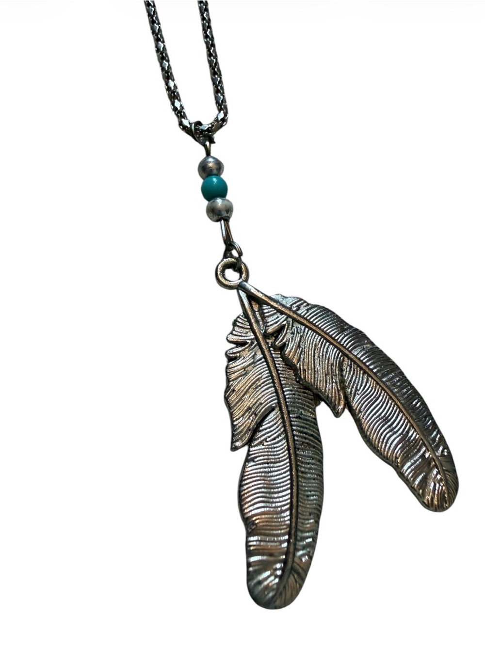 Silver Feather Pendant Necklace with Turquoise Bead - Women Jewelry